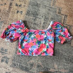 Poppy Kids Pink and Red Floral Puff Sleeve Bikini Top sz 3-4